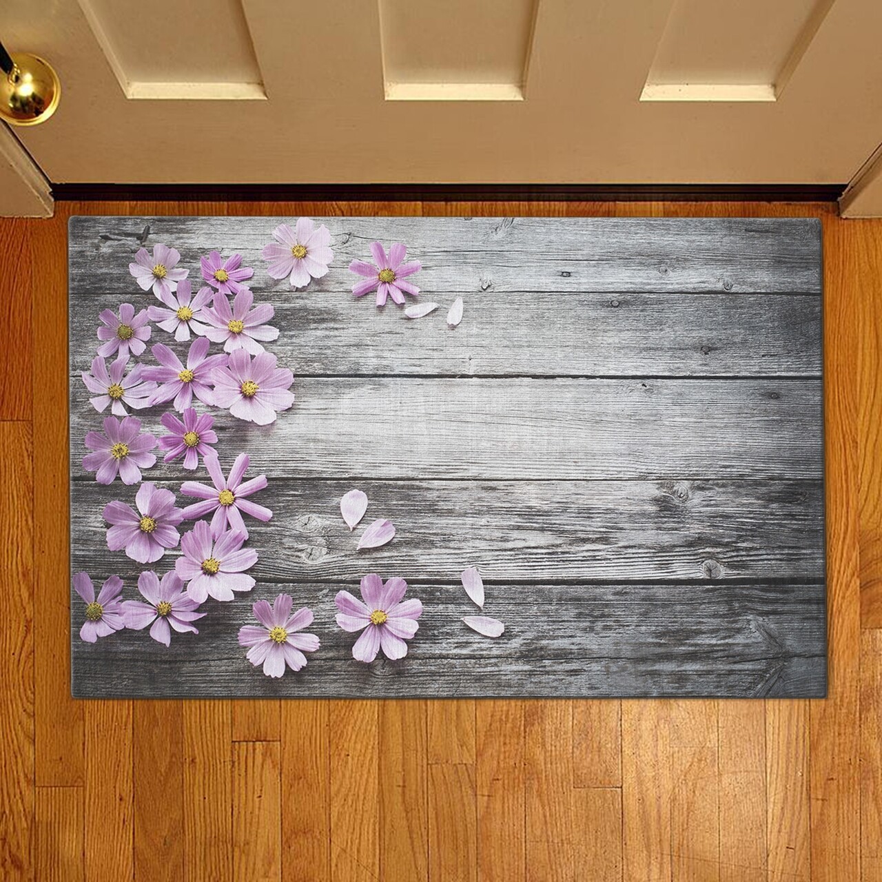 Virágos bejárati szőnyeg, Casberg, 38x58 cm, poliészter, lila/szürke