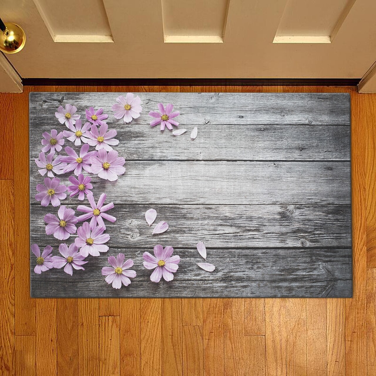 Virágos bejárati szőnyeg, Casberg, 38x58 cm, poliészter, lila/szürke