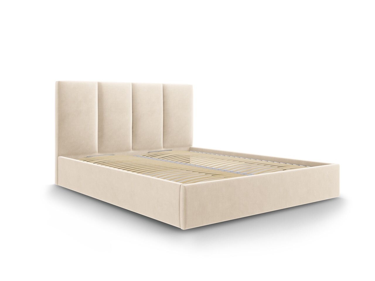 Mazzini sofas kárpitozott ágy összecsukható ágyráccsal és tárolóládával, 208x150x104 cm, bársony, bézs