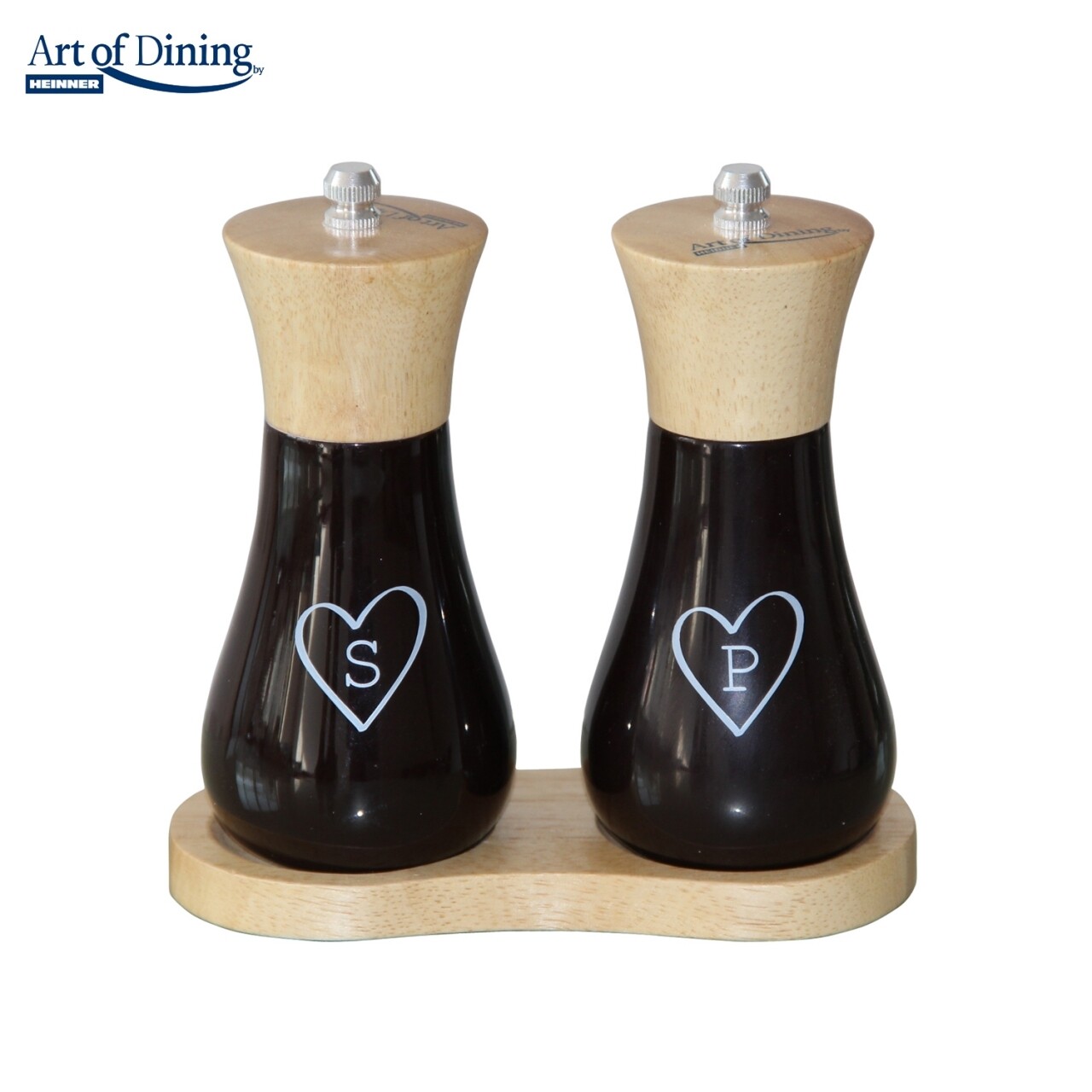 Heart Só és borsszóró tartóval, Heinner, 15 cm, fa/kerámia, fekete/fehér/természetes