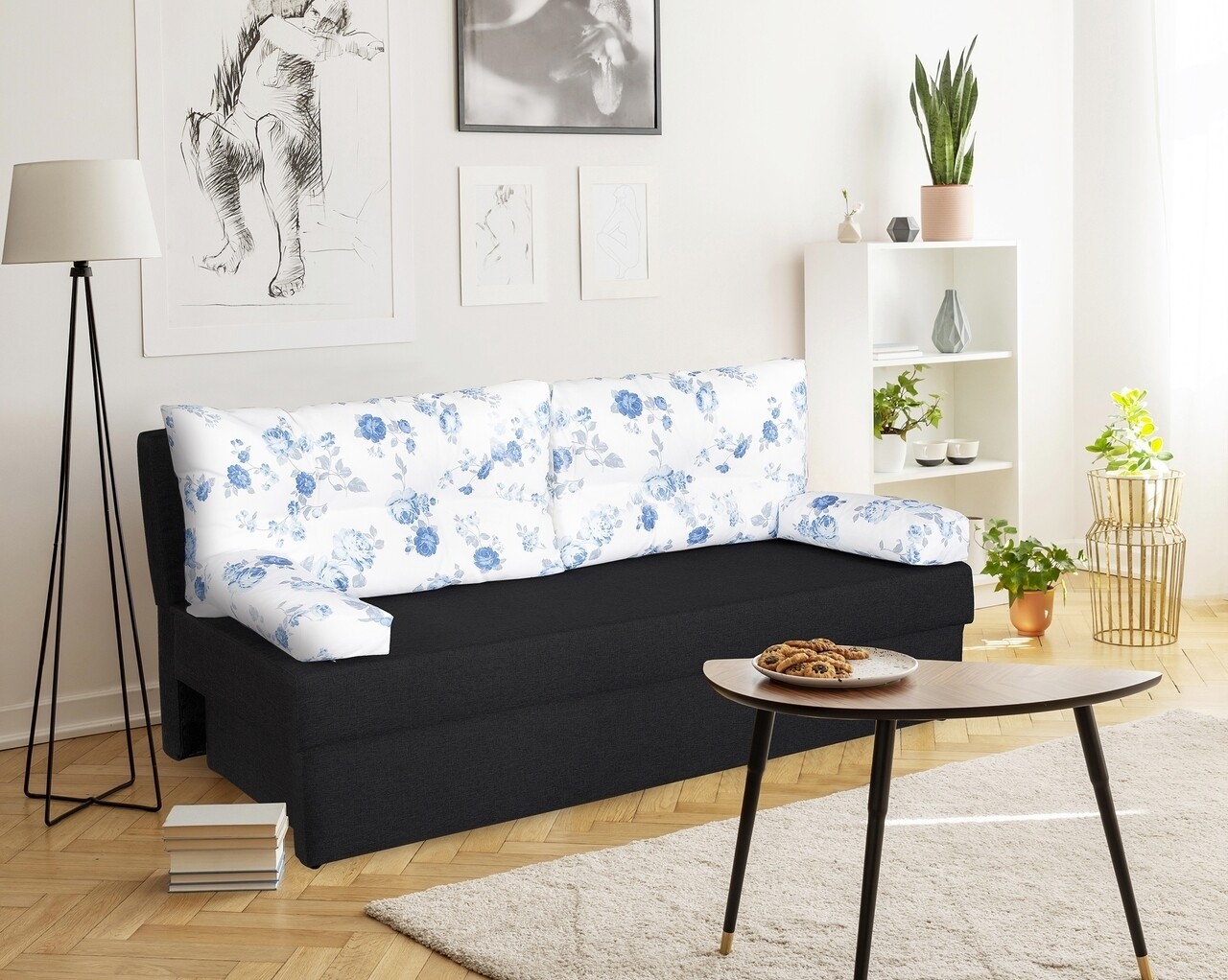 Alfi Antracit Kihúzható kanapé 192x80x77 cm tárolóládával, Blue Anemone