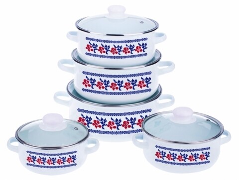 Főzőkészlet 10 darab, Traditional Oltenia, Vanora Home, 1l, 1,5l, 2l, 3l, 4l, zománcozott szénacél és üveg, többszínű