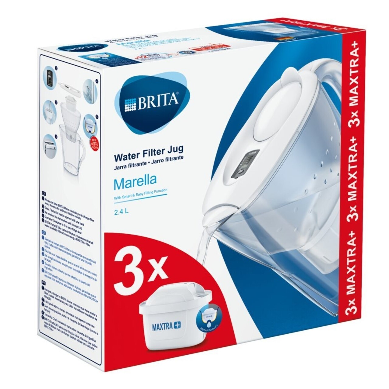Brita Szűrőpohár, Marella MAXTRA +, Műanyag, 2,4 L, Starter Pack + 3 Szűrő, Fehér