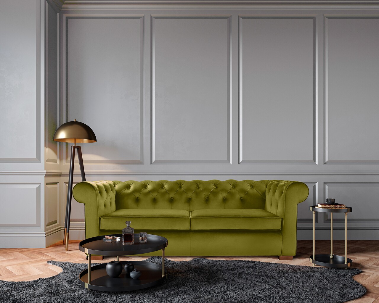 Bedora oxford chesterfield kihúzható kanapé, 88x216x75 cm, 3 személyes, olajzöld