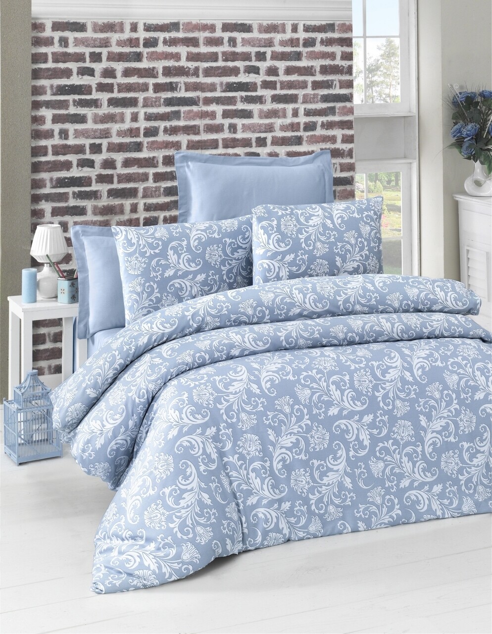 King size kétszemélyes ágynemű, victoria, verano blue, 6 darabos, 100% pamut szatén, jacquard szövet, kék