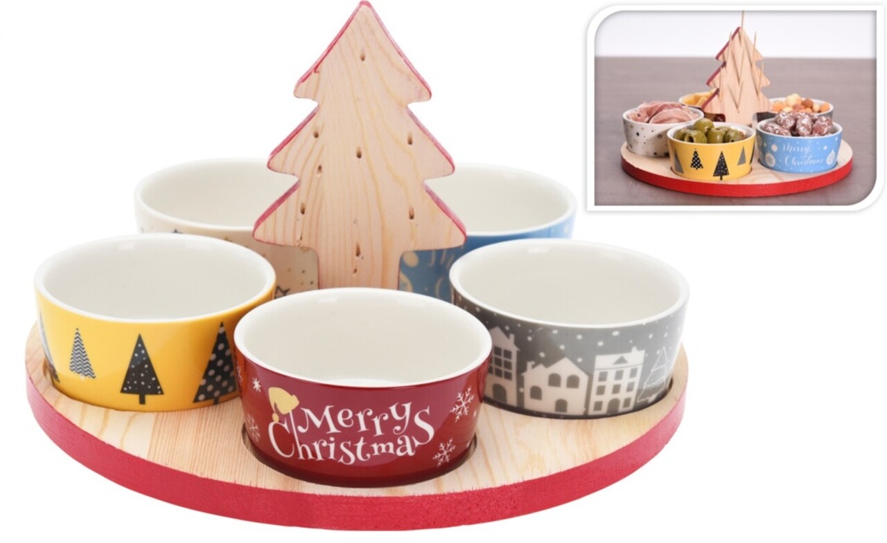 Xmas Tree Szett harapnivalónak, 6 darabos, porcelán/fa, színes