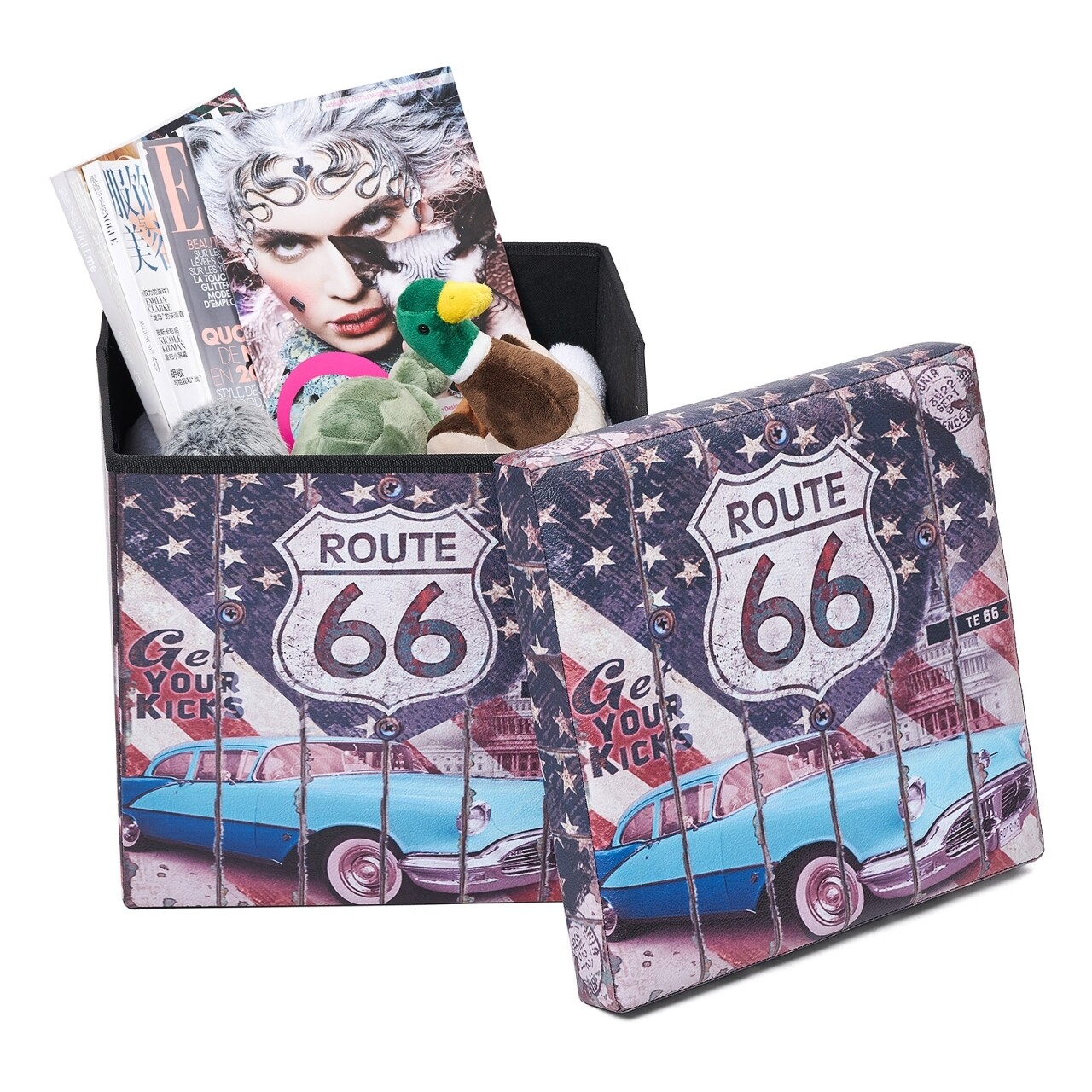 Összecsukható Zsámoly Tárolóhellyel Route 66, Heinner Home, 37,5 X 38 X 38 Cm, PVC, Többszínű