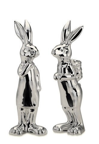 Rabbits 2 dekoráció, Hermann Bauer, 6x5x18 cm, porcelán, ezüst