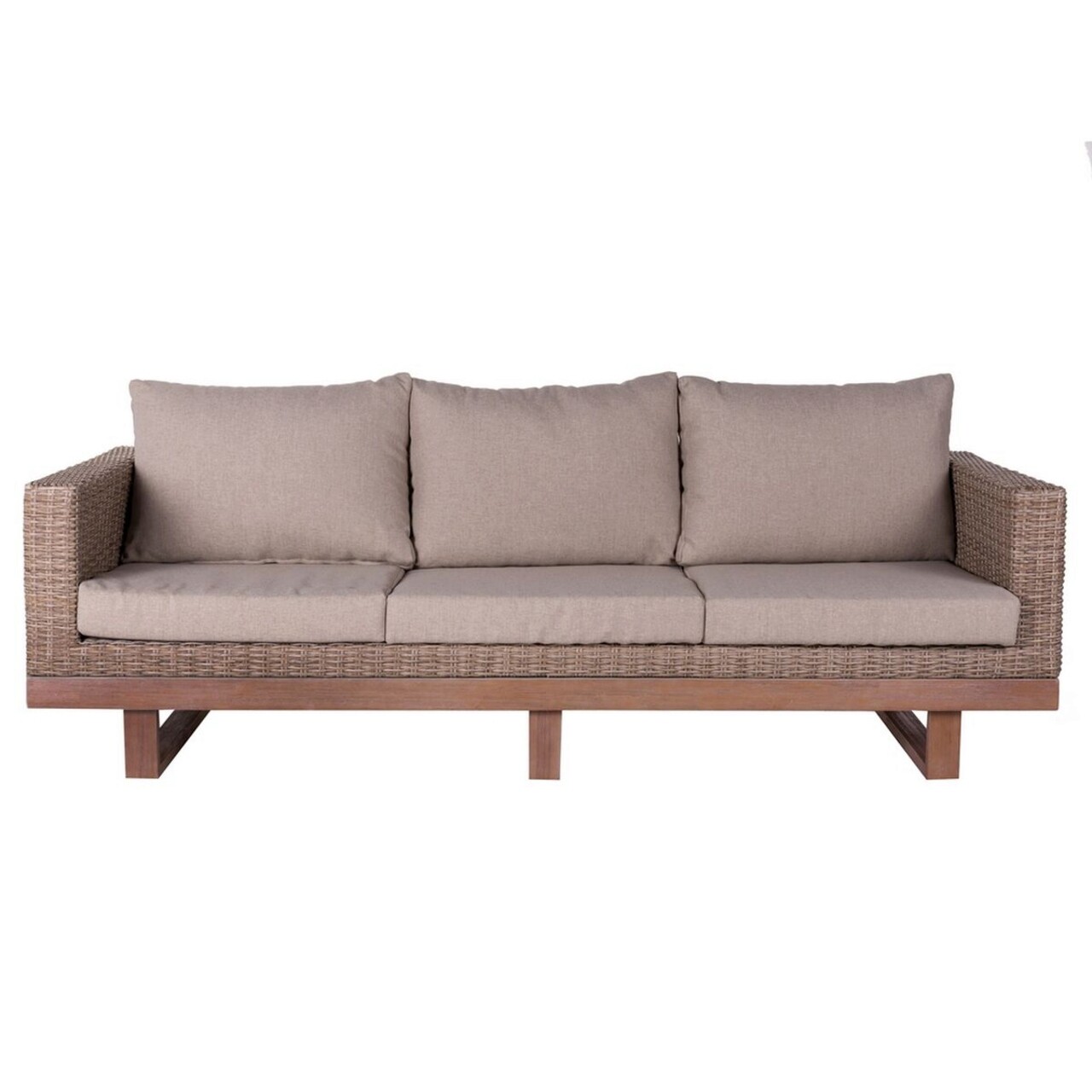 BigBuy Home Patsy Háromszemélyes kerti kanapé, 220 x 89 x 64.5 cm, fa/szintetikus rotáng/poliészter, természetes