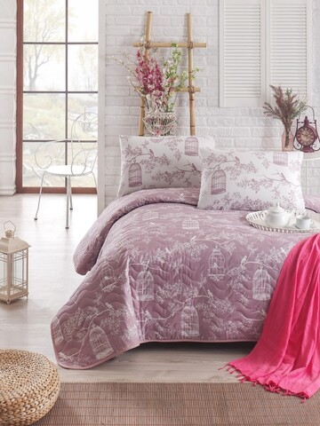 Set cuvertura de pat dubla matlasata, Eponj Home, Samyeli Lilac, 3 piese, 65% bubac, 5% poliester, roz/alb