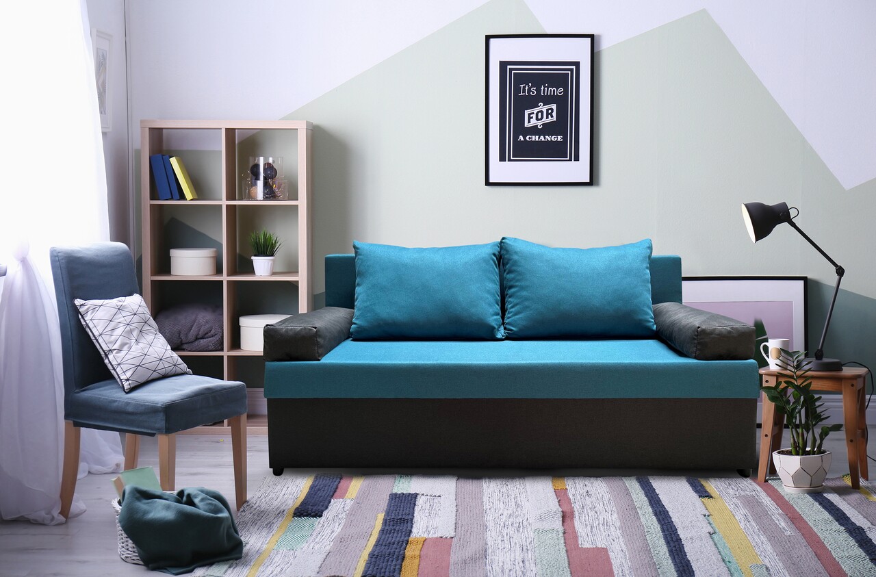 Bedora odessa kihúzható kanapé 185x85x80 cm, tárolóládával, türkiz/antracit szürke