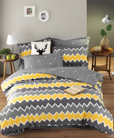 Lenjerie de pat dubla King Size, EnLora Home, Zigros Yellow, 4 piese, 100% bumbac ranforce, multicolor