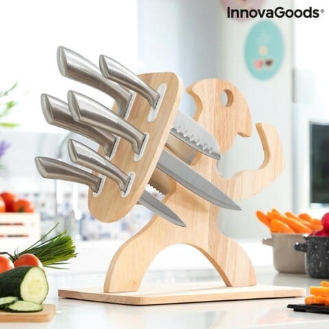 Spartan InnovaGoods Késkészlet fa tartóval, 7 darabos, rozsdamentes acél/fa