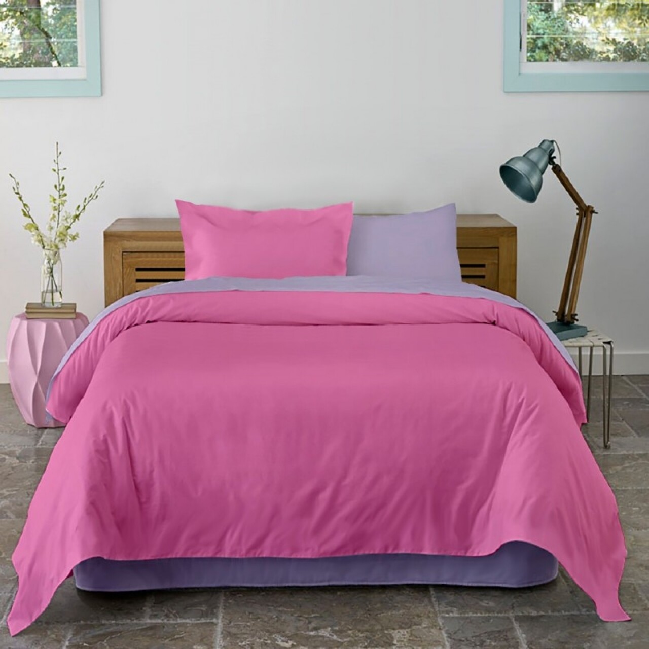 Lenjerie de pat dubla King Size Lila & Rosebloom, 4 piese, 220 x 250 cm, 100% bumbac, roz/mov