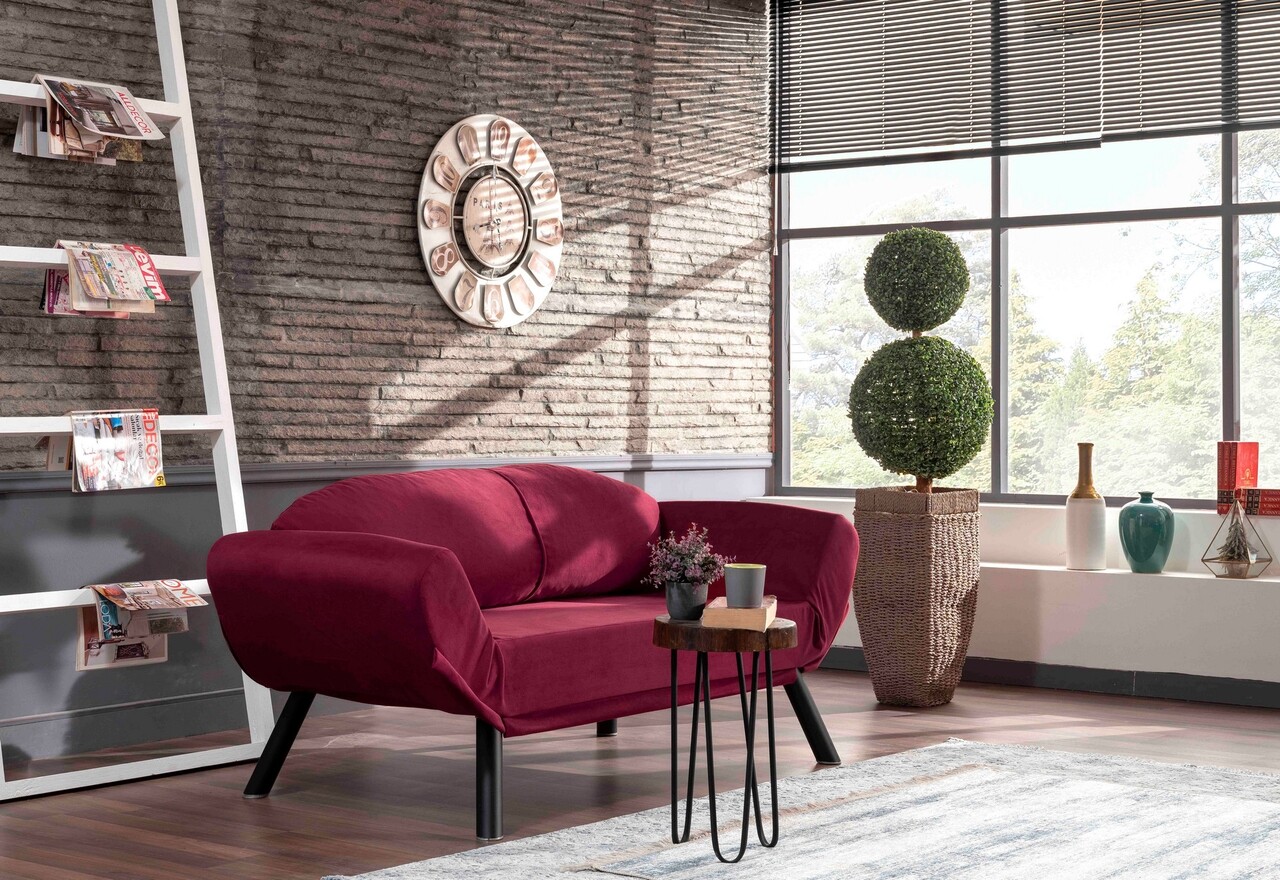 Genzo kihúzható kanapé, futon, 2 személyes, 177x81x87 cm, fém, világos piros