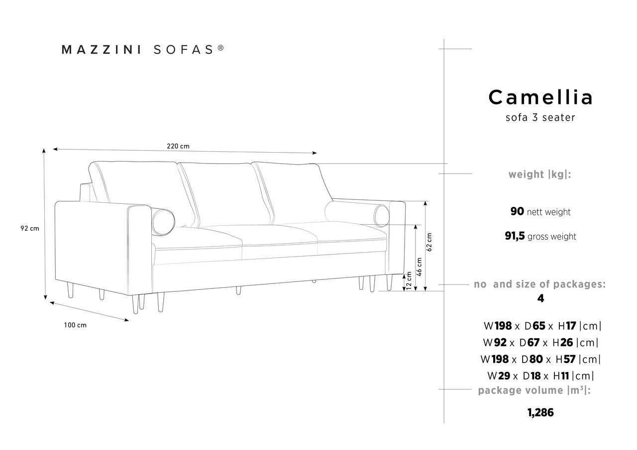 Kanapéágy, Camellia, Mazzini Kanapék, 3 ülőhely, Tárolódobozzal, 220x100x92 Cm, Bársony, Zöld