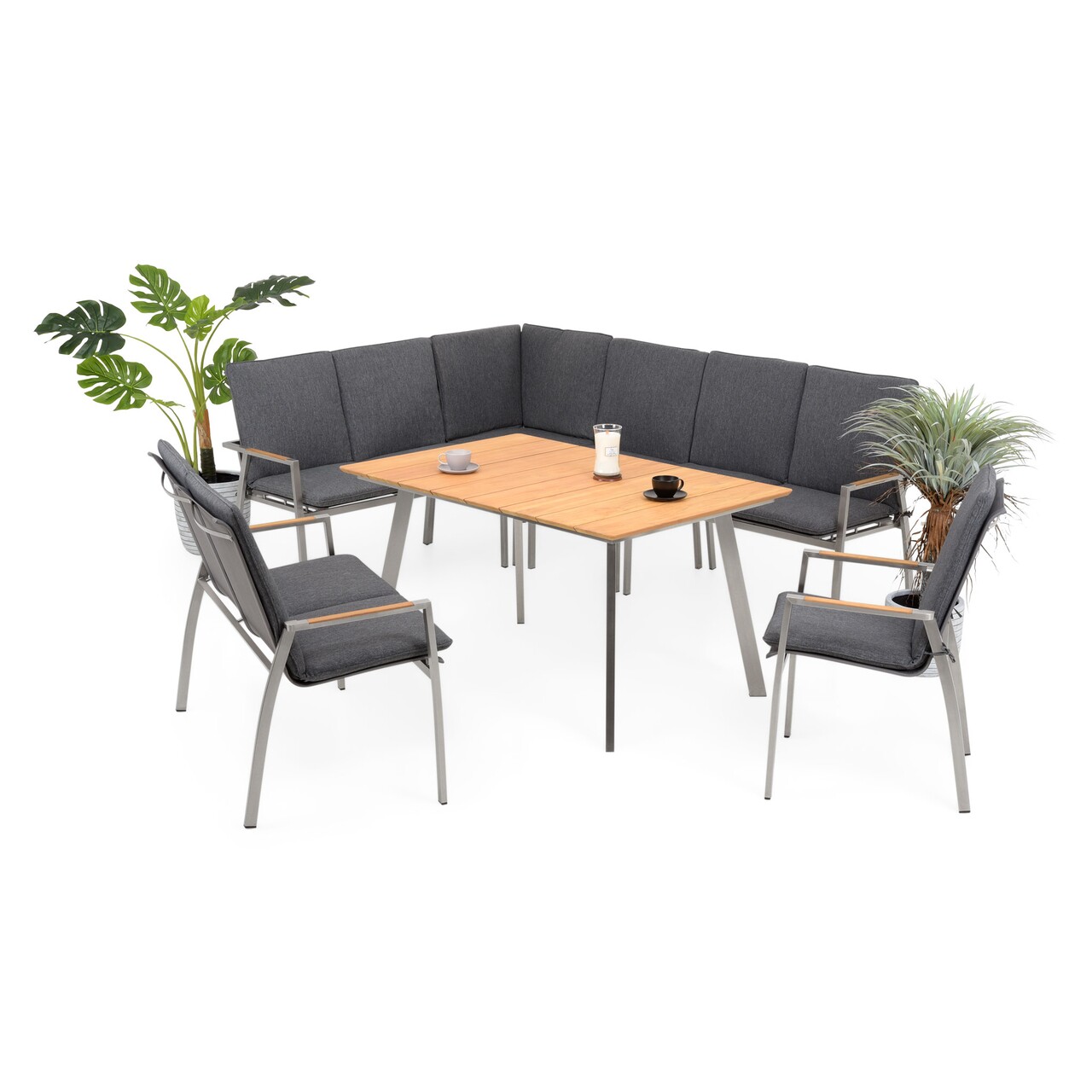 Maison Collodi Sarokkanapé, kanapé asztallal és szék, rozsdamentes acél, szürke/természetes