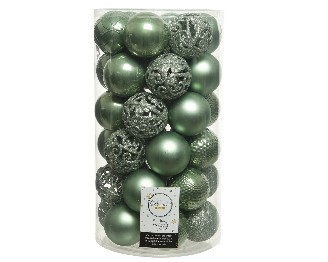 Doboz 37 vegyes gömbökkel Mix, Decoris, műanyag, zsálya zöld