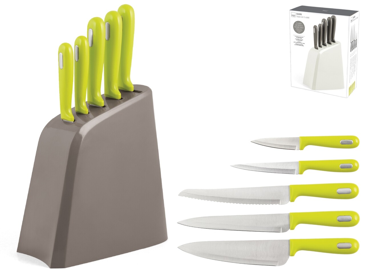 5 db késes készlet + Shark, H&H, rozsdamentes acél, zöld tartó