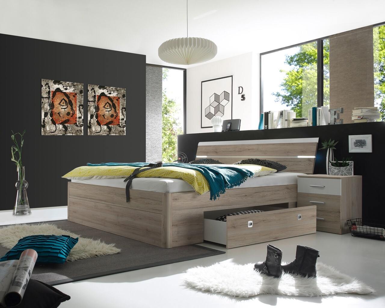 San Remo Mars ágy 2 fiókkal és LED rendszerrel, 160 x 200 cm, forgácslap, bézs