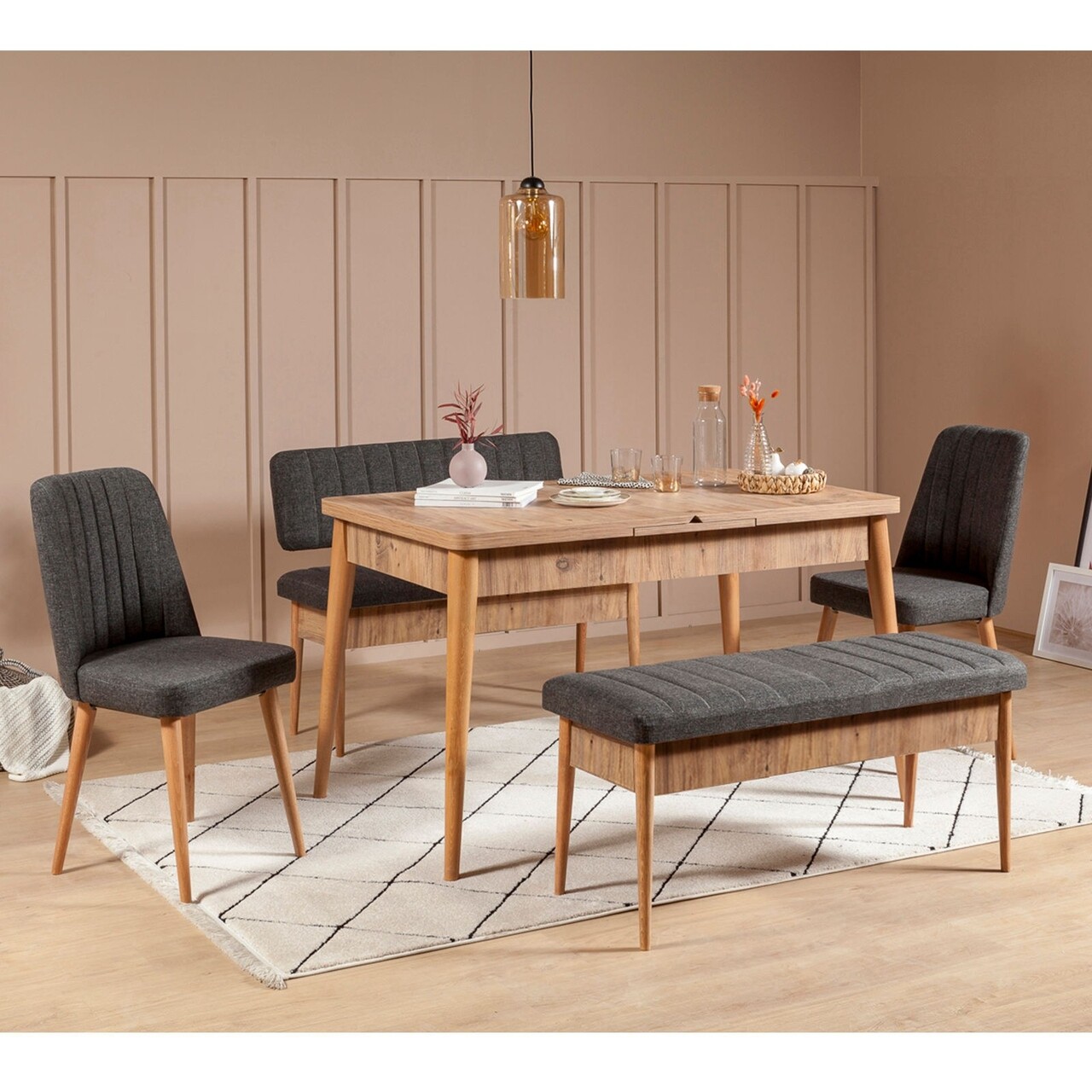 Asztal szett 2 székkel és 2 pad, Vella, Vina, melaminált PAL, barna/antracit