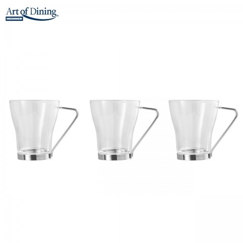 3 csésze fogantyúval, Heinner Home, 240 ml, üveg és rozsdamentes acél, átlátszó