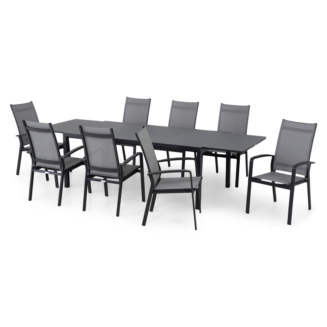 Maison cosmo 8 db szék állítható háttámlával és kihúzható asztal, alumínium, fekete/szürke