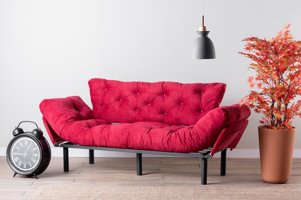 Nitta Triple Kihúzható kanapé, Futon, 3 személyes, 225x70 cm, fém, világos piros