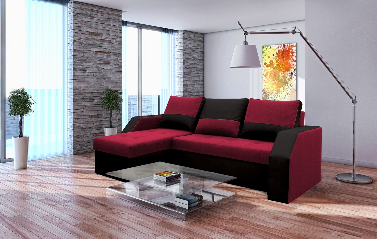 Bedora madrid kihúzható sarok, 226x145x79 cm, 2 tároló doboz, megfordítható, piros / fekete