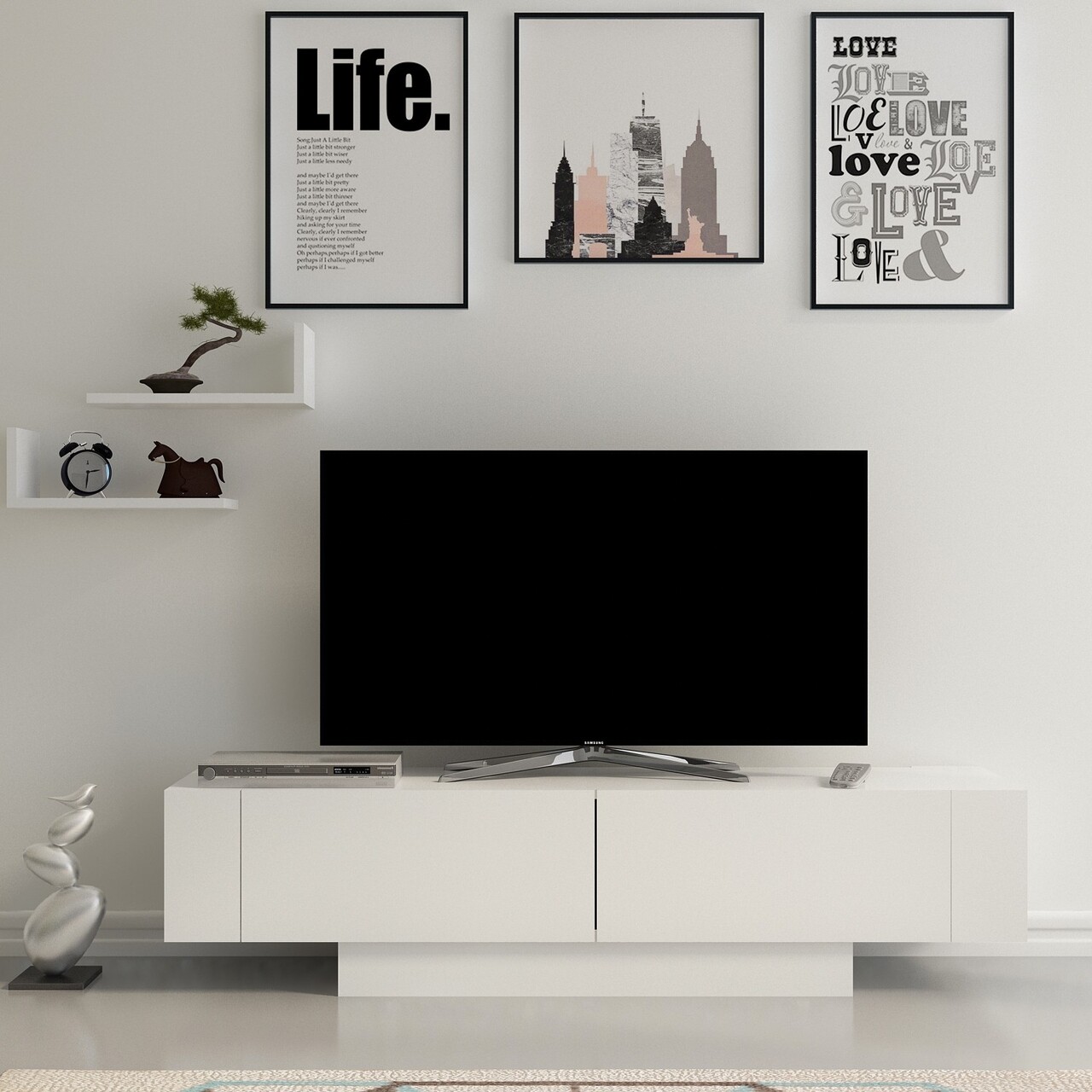 Matera TV Komód és 2 Db Fali Polc, Zena Home, 150x31.5x41.6 Cm, Fehér