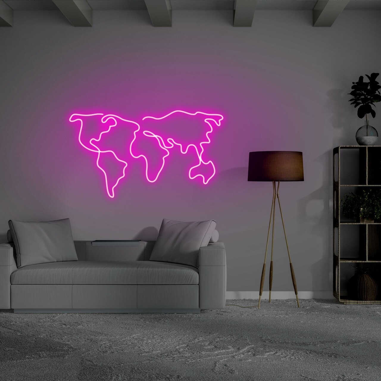 World map fali lámpa, neon graph, 66x38x2 cm, rózsaszín