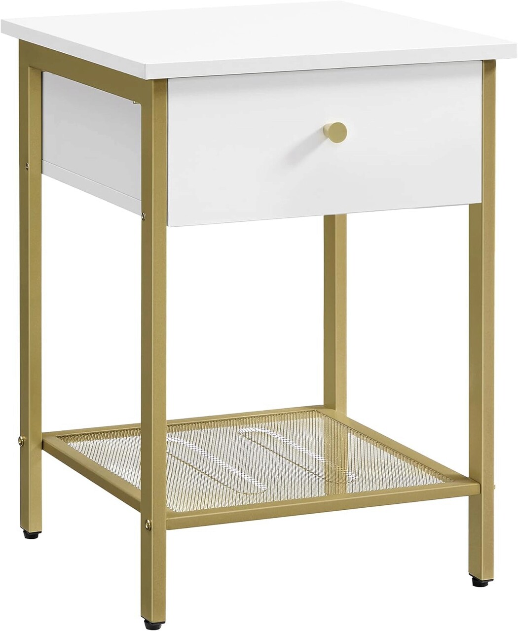 Modern white gold nappali asztalka /éjjeliszekrény, vasagle, 40 x 40 x 55 cm, pal/acél, fehér/aranyszín