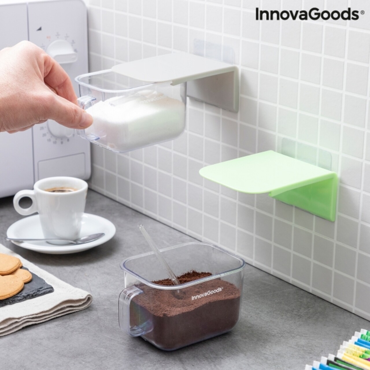 Handstore InnovaGoods 2 db Konyhai tároló levehető ragasztóbal és kiskanállal, 420 ml