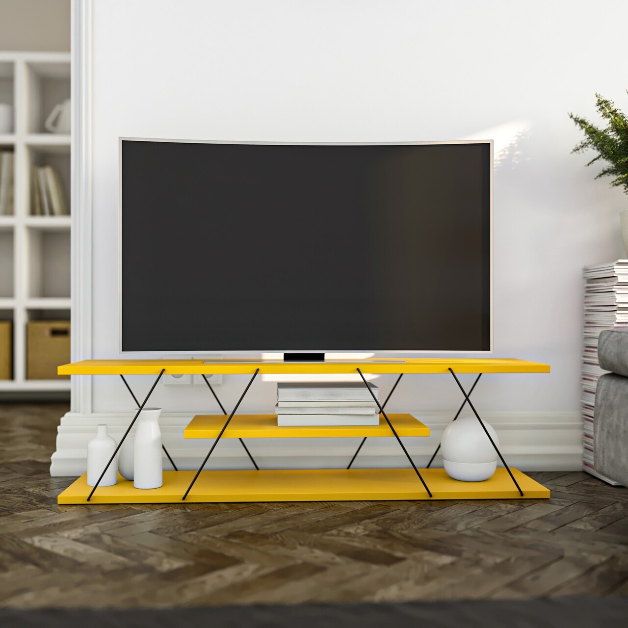 Canaz TV Komód, Kalune Design, 120x30x33 cm, sárga/fekete