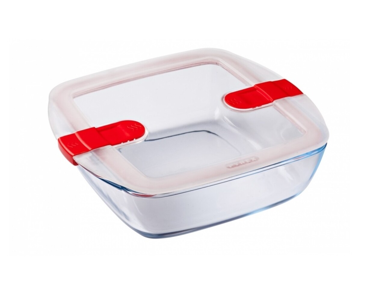 Négyzet alakú edény fedéllel, Pyrex, Cook & Heat, 2,2 L, hőálló üveg / műanyag