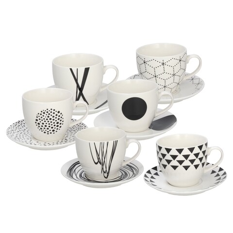 6 csésze készlet tányérral, Metropolis Graphic, Tognana, 200 ml, porcelán, fehér / fekete