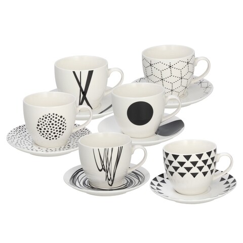 6 csésze készlet tányérral, Metropolis Graphic, Tognana, 200 ml, porcelán, fehér / fekete