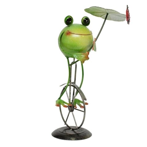 Frog on unicycle w leaf Dekoráció, 12x11x36.5 cm, fém, színes