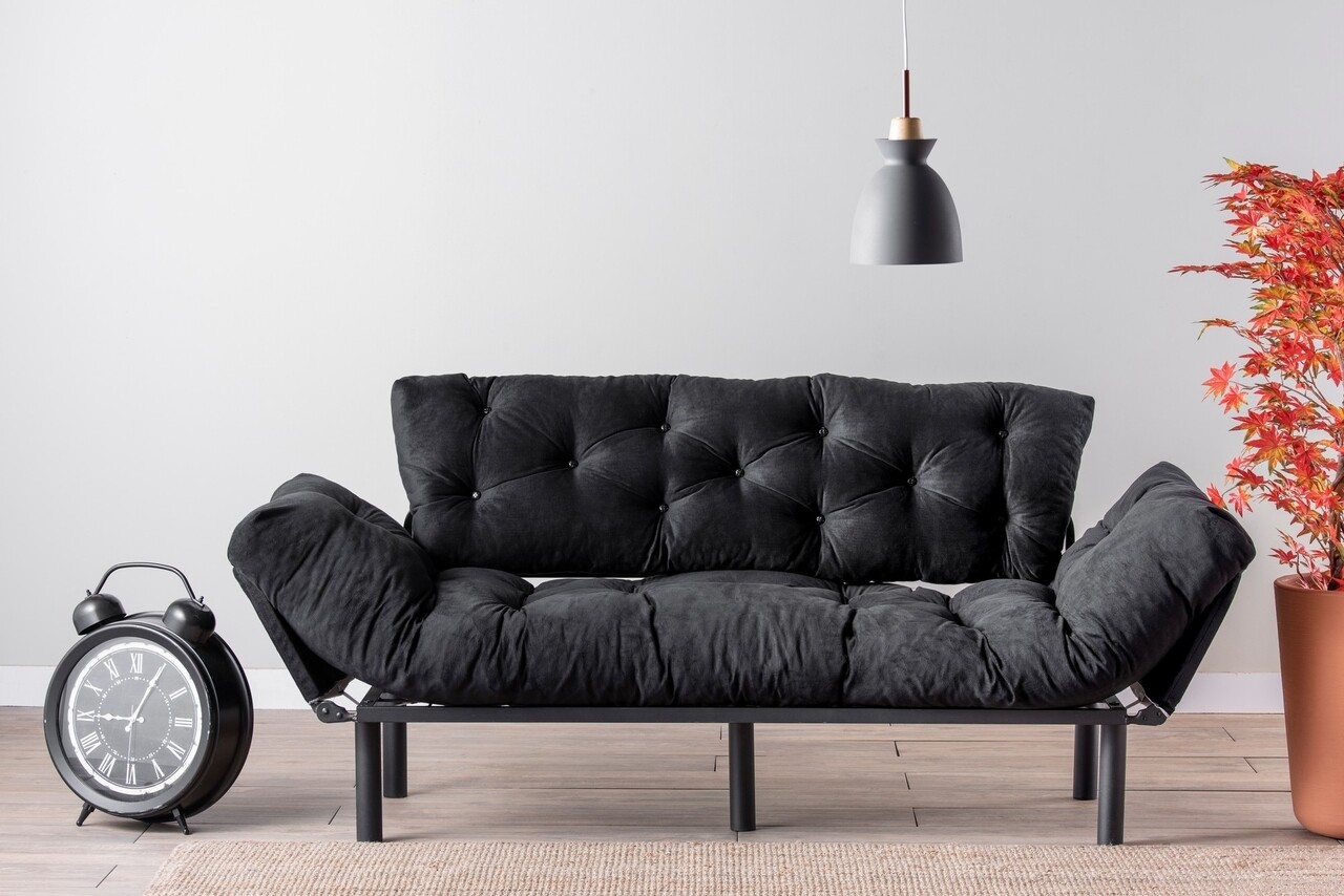 Kanapéágy Nitta Triple, Futon, 3 üléses, 225x70 cm, fém, fekete