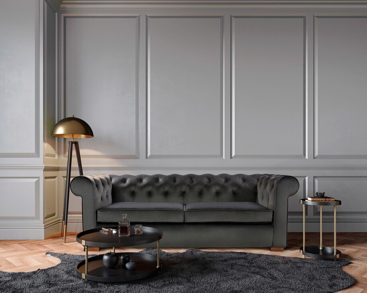 Bedora Oxford Chesterfield Kihúzható kanapé, 3 személyes 88x216x75 cm, antracitszürke