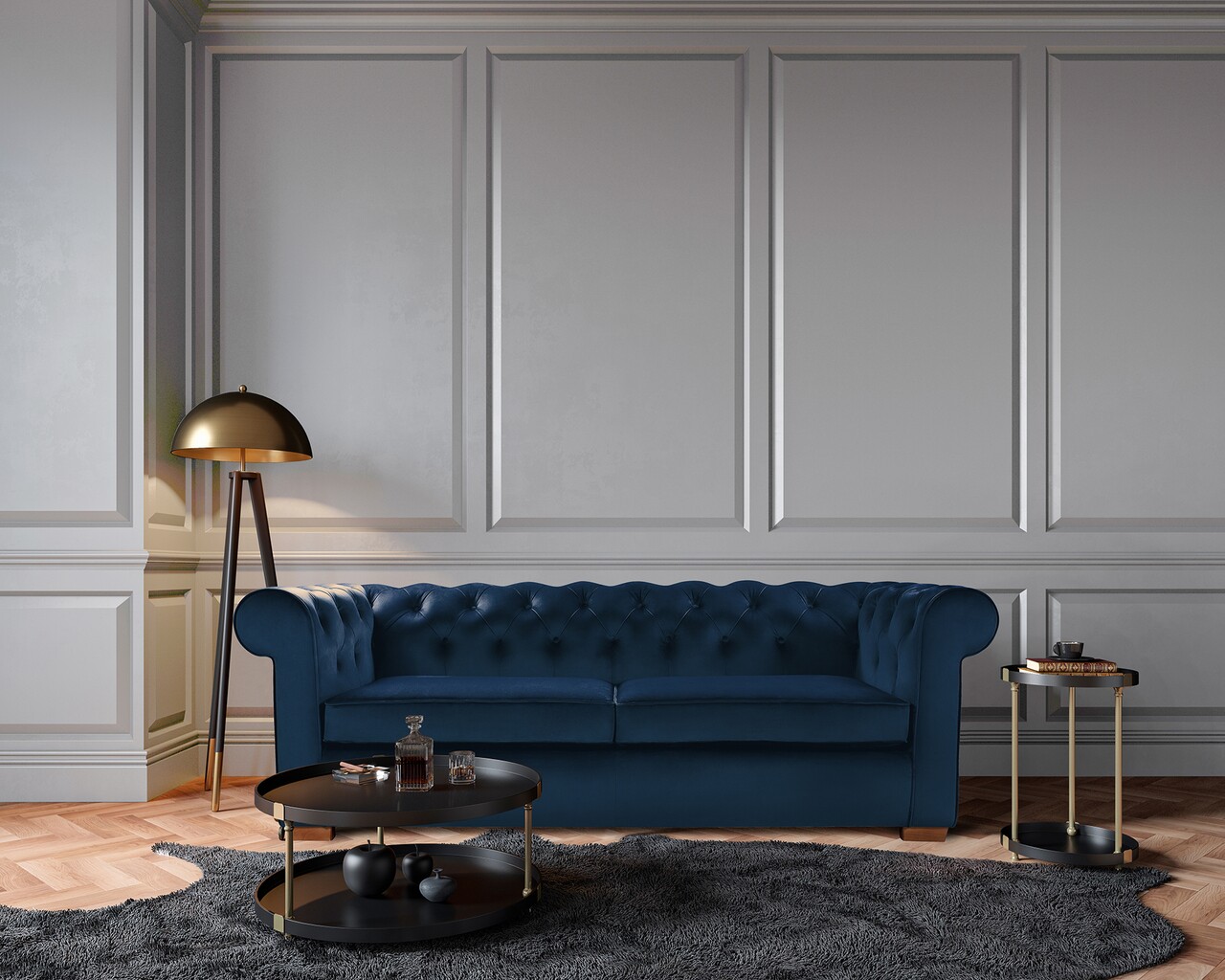 Bedora Oxford Chesterfield Kihúzhatós kanapé, 88x216x75 cm, 3 személyes, sötétkék