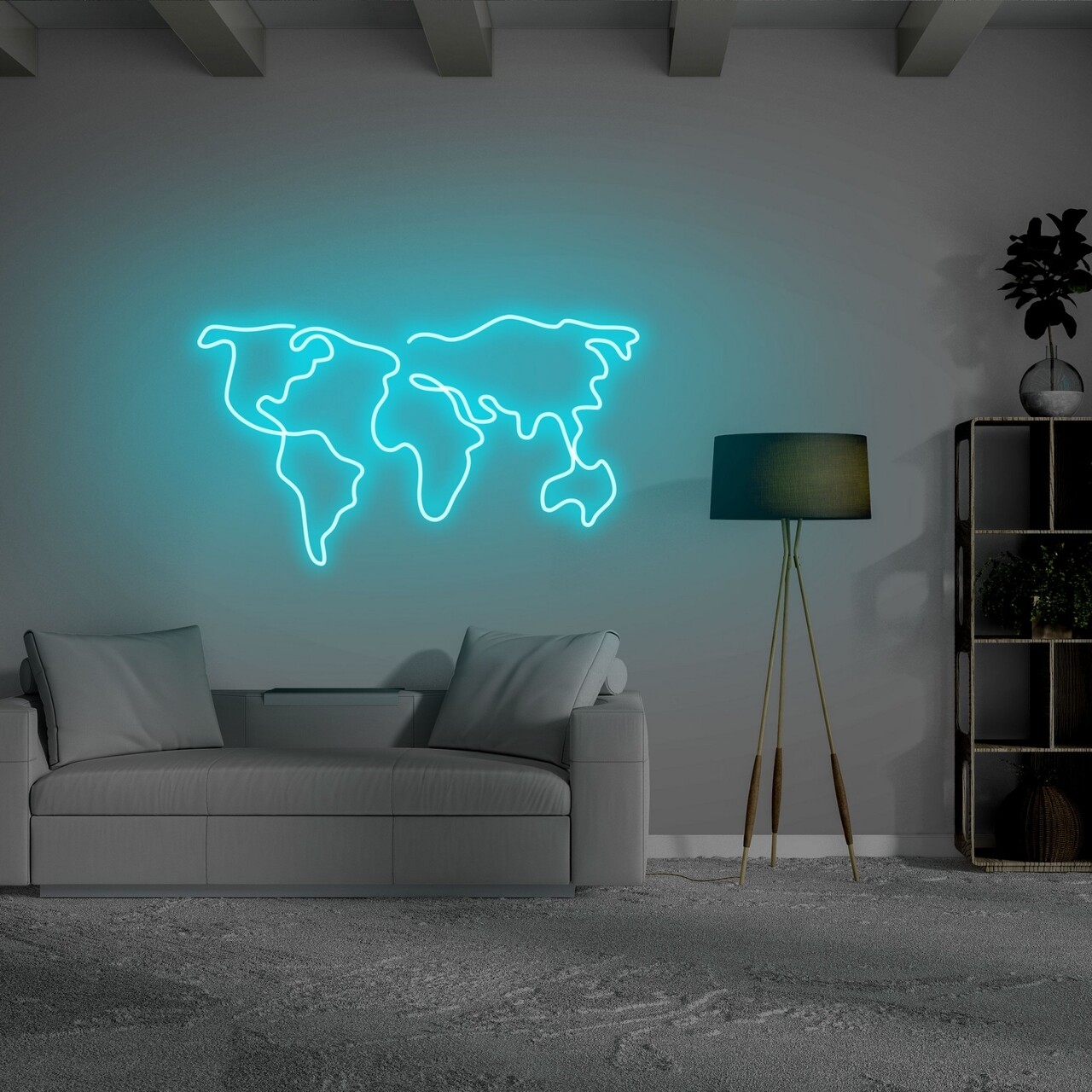 World map fali lámpa, neon graph, 66x38x2 cm, kék