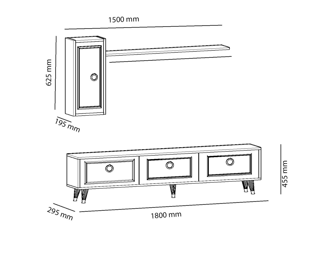 Lorenz TV Komód Szekrénnyel és Fali Polcal, Arnetti, 180 X 45.5 Cm/30 X 62.5 Cm/19 X 120 Cm, Fehér/aranyszín