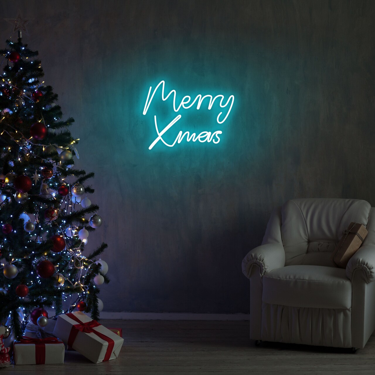 Merry christmas fali lámpa, neon graph, 43x33x2 cm, kék