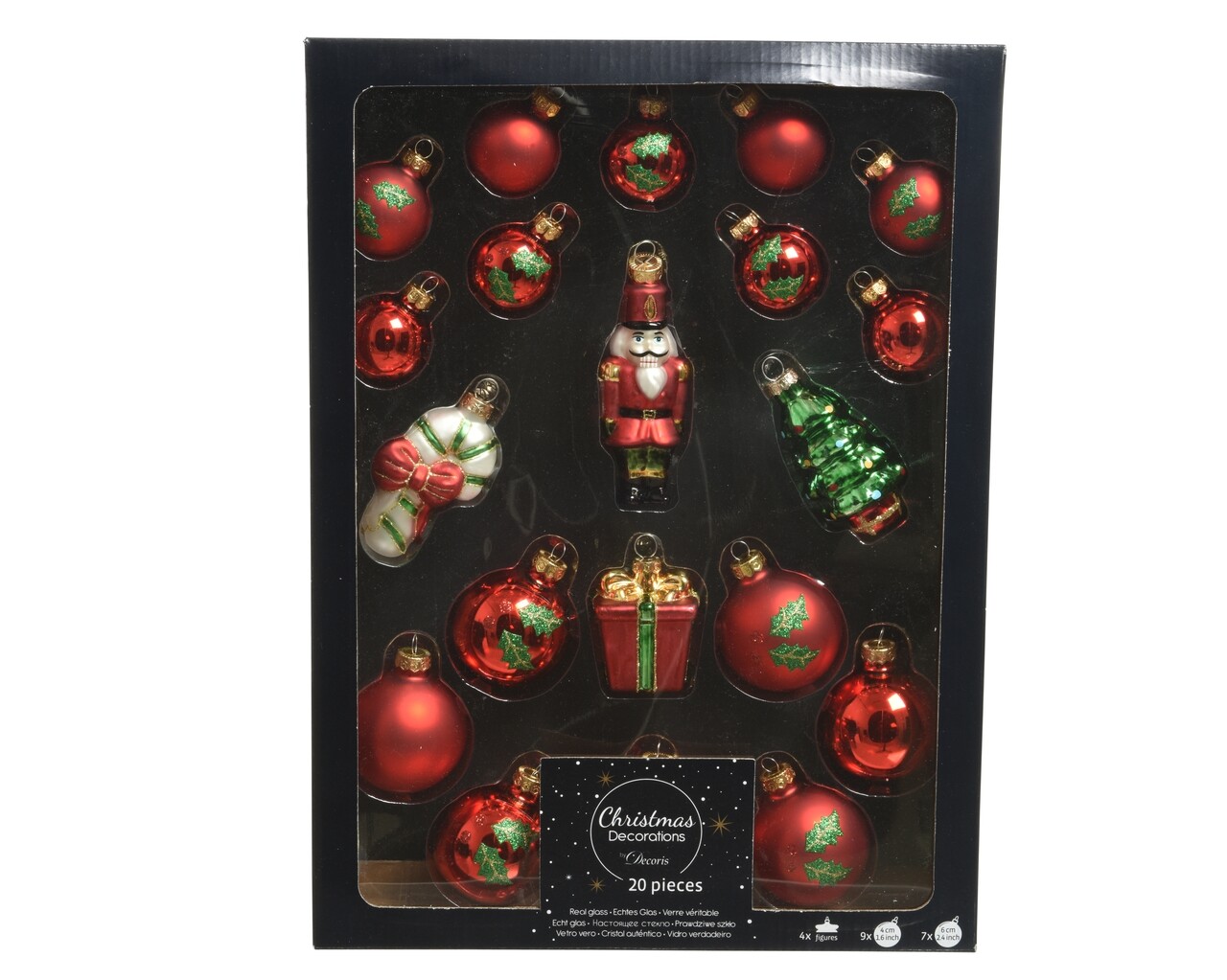 Dobozban 20 Holly mix gömb, Decoris, üveg, piros