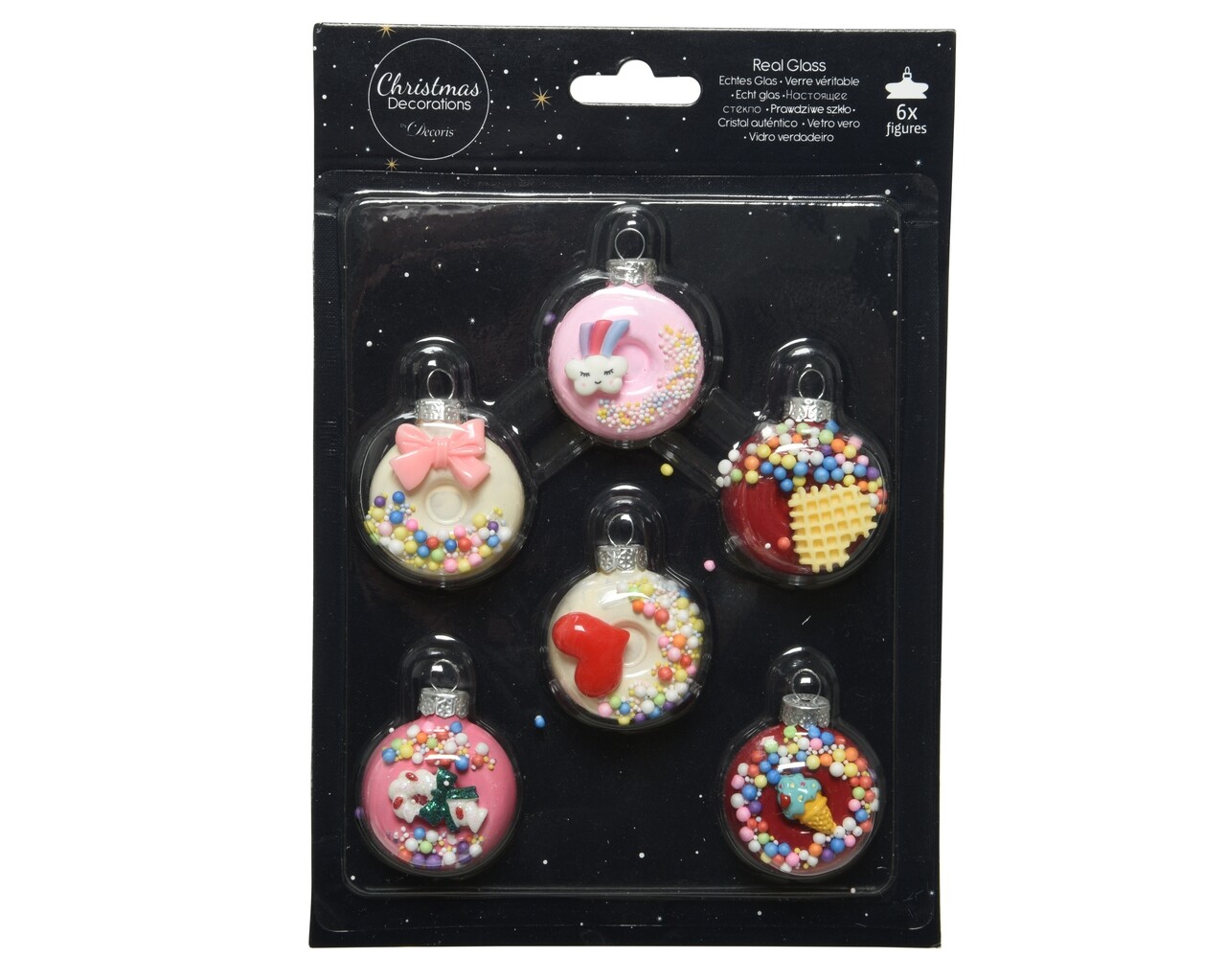 Doboz 6 válogatott gömbökkel Fánk, Decoris, üveg, többszínű