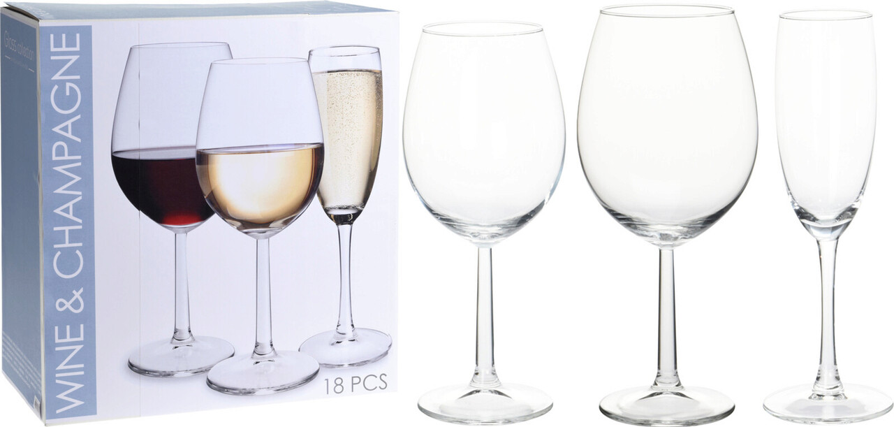 Excellent Houseware 18 darabos Bor- és pezsgőspohár készlet , 180 ml, 430 ml, 580 ml, üveg