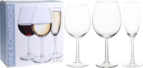 Excellent Houseware 18 darabos Bor- és pezsgőspohár készlet , 180 ml, 430 ml, 580 ml, üveg