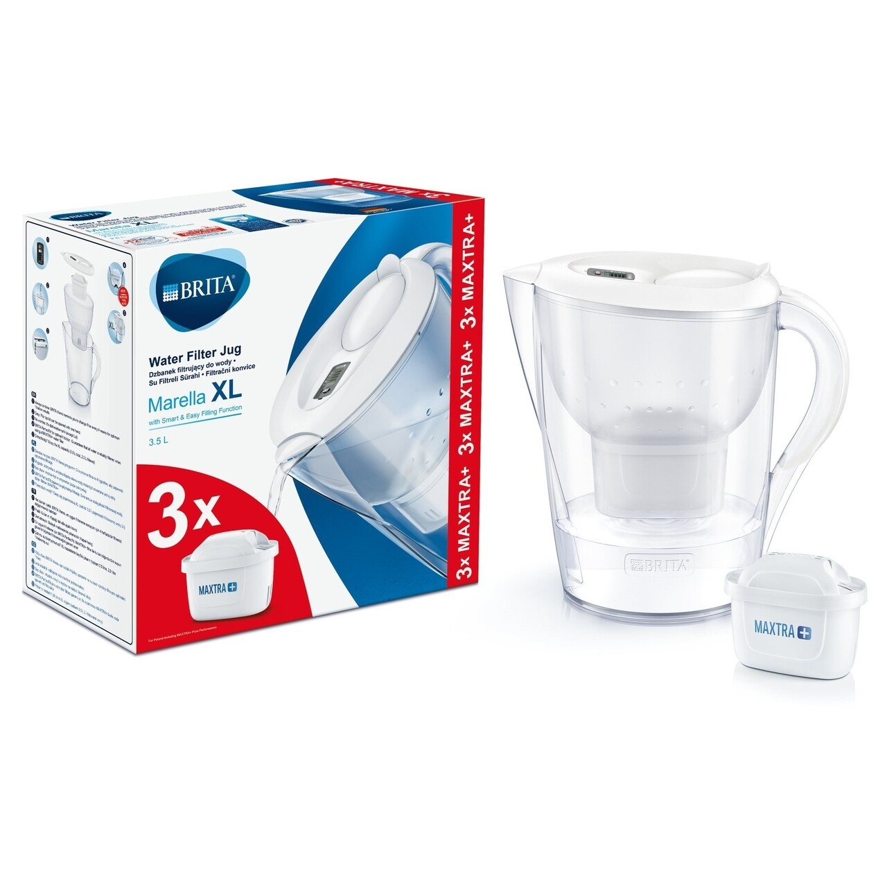 Brita Szűrőpohár, Marella XL MAXTRA +, Műanyag, 3,5 L, Kezdőcsomag + 3 Szűrő, Fehér