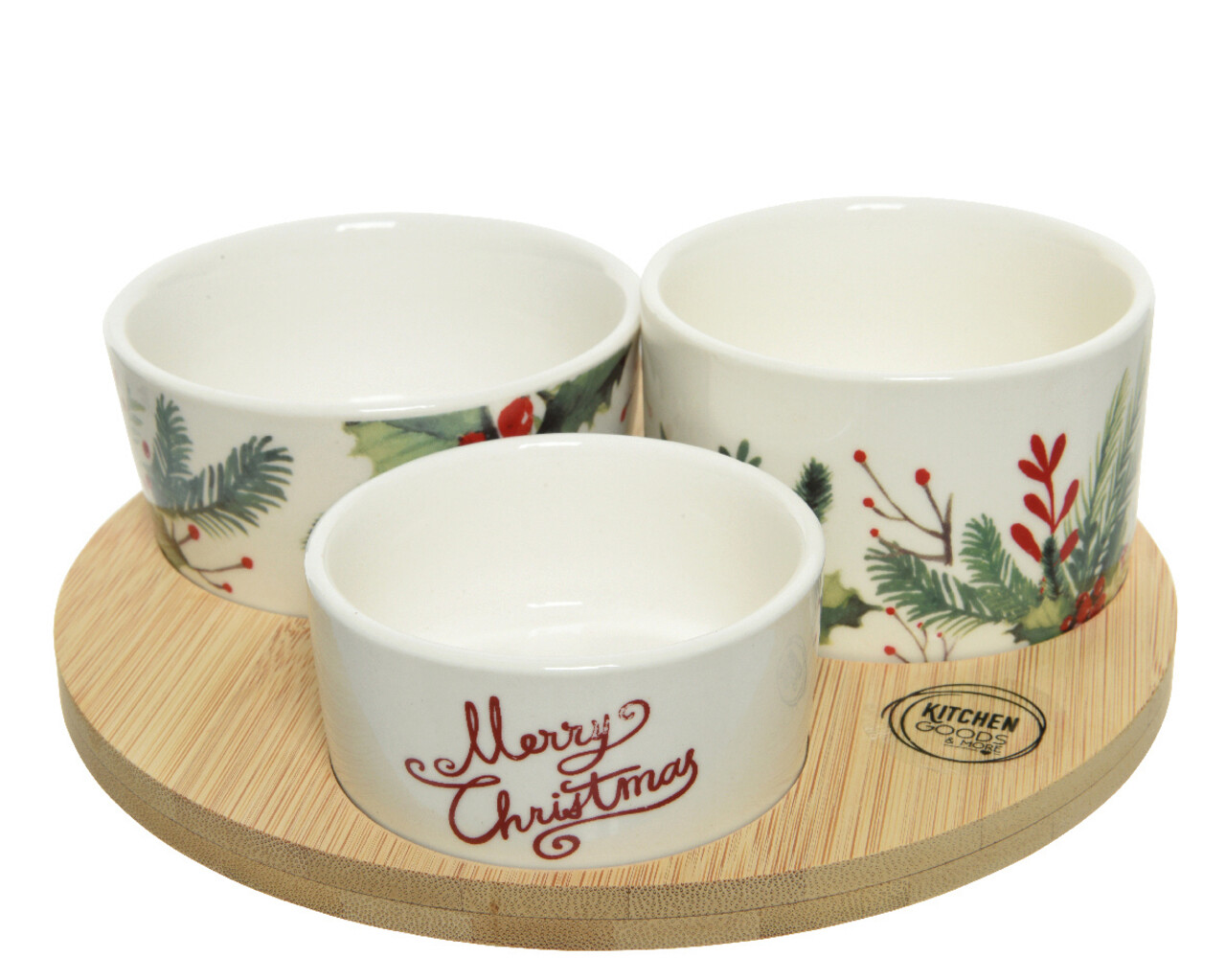 Merry Christmas 3 db Kis tál tálcával harapnivalónak, Decoris, kerámia/bambusz, színes